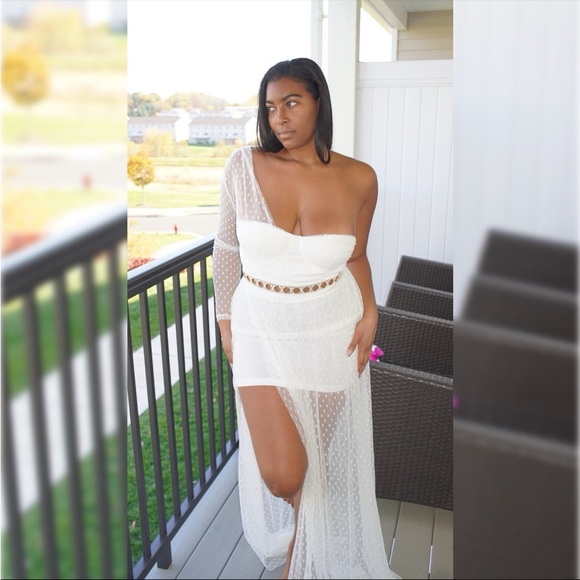 White One-Shoulder Mesh Overlay Dress - Picture 4 of 9